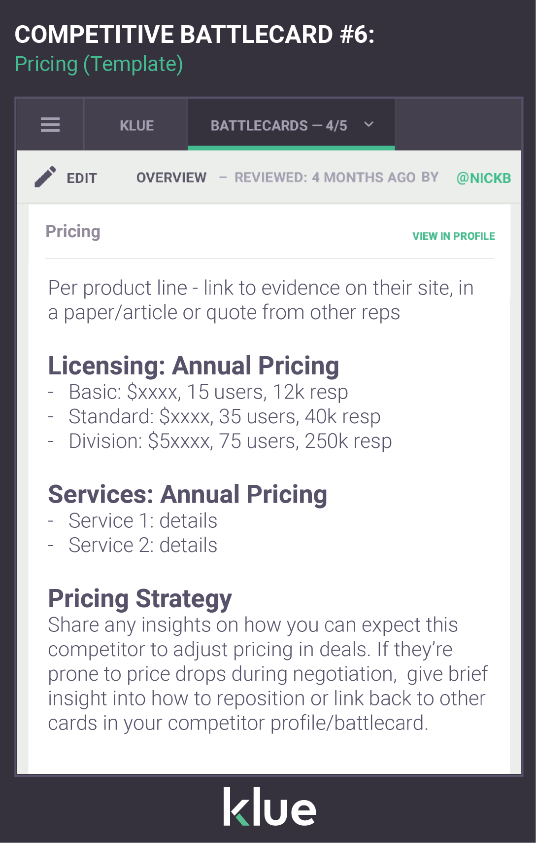 Pricing battlecard template. Use this to understand your competitor’s pricing strategy. This template can be used in sales battlecards, sales playbook or sales strategy. 