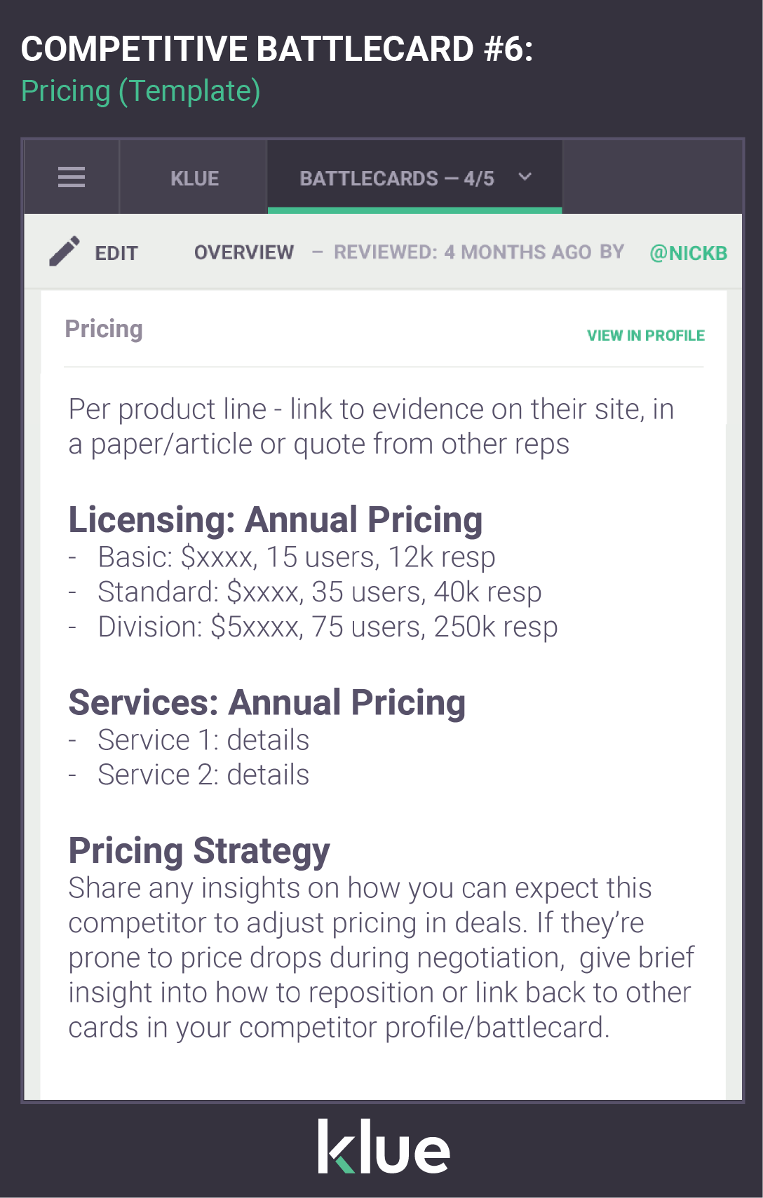 Competitive Battlecards 101: Pricing Battlecard Template Klue