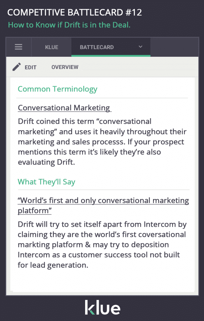 Competitive Sales Battlecard on Drift - How to identify a competitor in a deal - Sales Battlecard Template