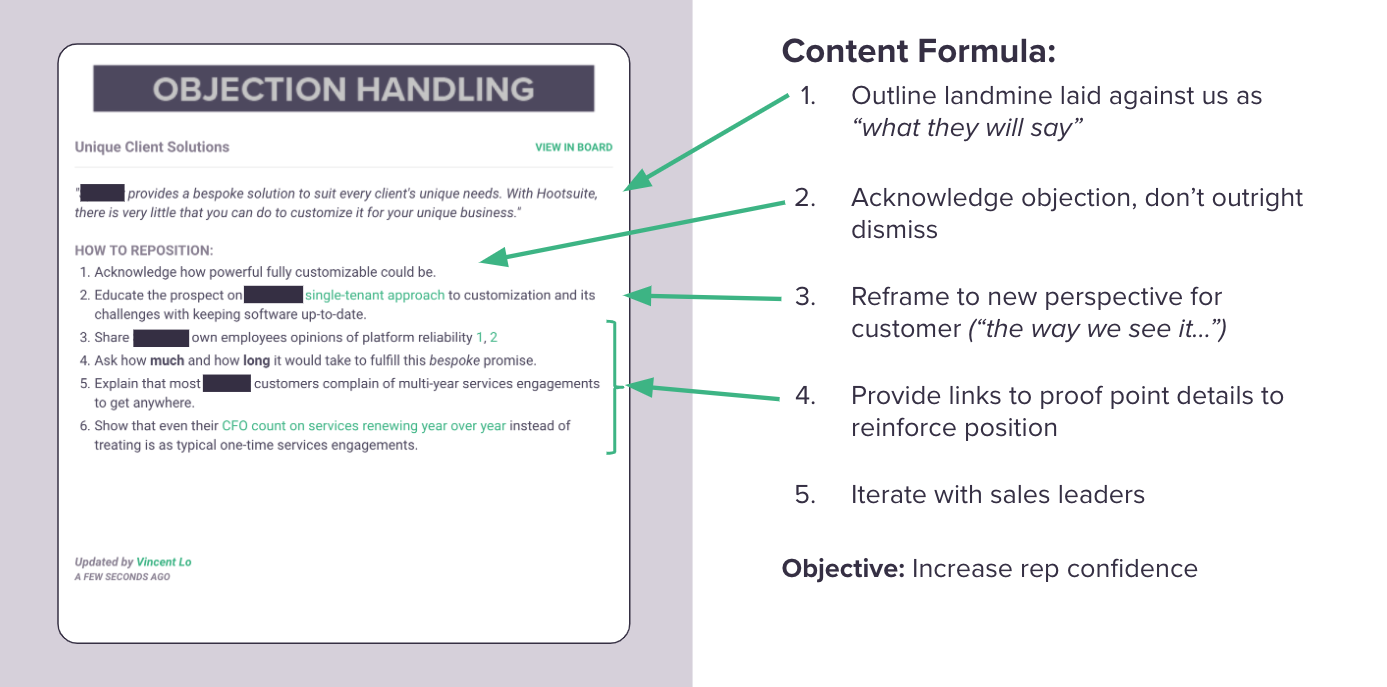 objection handling sales battlecard that covers how to handle objections from your competition