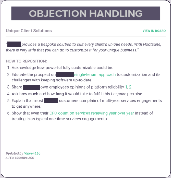 Best objection handling battlecard for sales people and product marketing