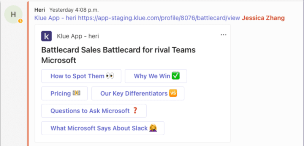 Klue's Microsoft team's integration lets you easily preview your sales battlecards