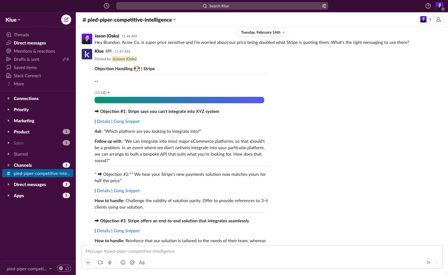 Enable your employees to access and share competitive insights, all in Slack. 